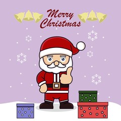 Cute cartoon santa claus with gift box, snowfall. Merry Christmas. Vector illustration design for mascot, logo, sticker, Christmas card