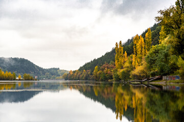 A landscape of Pancharevo lake on a rainy autumn day