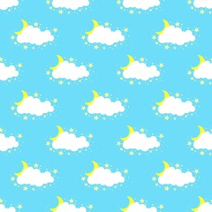 
clouds vector pattern, stars, crescent moon, seamless blue background, childrens texture.