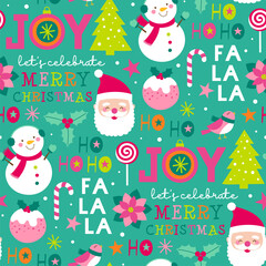 Cute cartoon character, pine trees and christmas elements seamless pattern.