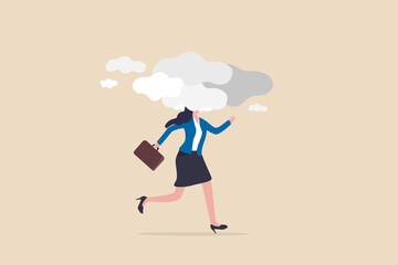 Brain fog causing mental problem or struggle, work anxiety or stress make confusion or depression concept, confused office businesswoman walking with brain fog, smoke or cloud covered her head.