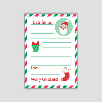 Letter To Santa From Child. Christmas Wishlist Blank Isolated. Vector Cartoon Template Illustration