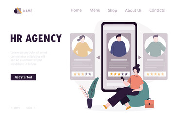 HR agency, landing page template. Woman manager search workers. Technology of staff hiring through phone app. Various resume in application. Recruitment staff and cv concept.