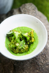 Roasted broccoli with pea puree