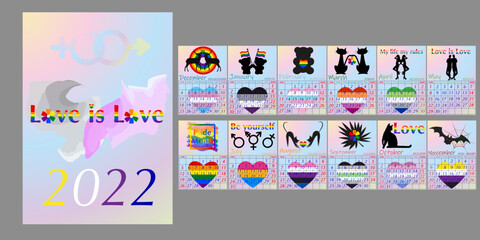 Fototapeta na wymiar Vector LGBT pride calendar. Outline dark drawings with attributes of LGBT communities. 