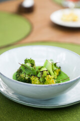 Roasted broccoli with pea puree