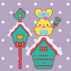 Merry Christmas, Happy New Year text, greeting card, holiday, celebration, invitation. Happy cute bunny hold bell, adorable bird, on roof of house, kawaii animal cartoon smile doodle vector design.