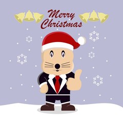 Cute cartoon mouse wearing winter hat. Snowfall. Merry Christmas. Vector illustration design for mascot, logo, sticker, Christmas card