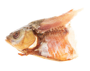 Pieces dried fish  isolated on white background. beer snack