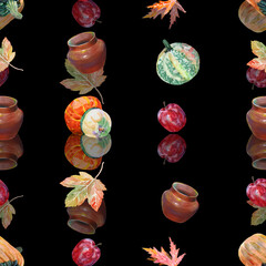 Watercolor seamless set of  fruit, leaves and pumpkin on black background.