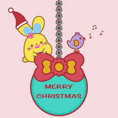 Creative Merry Christmas greeting card. Sweet background. Christmas ball, bow, flower, adorable bird, decoration. Happy cute bunny, kawaii rabbit animal cartoon smile doodle vector art design.