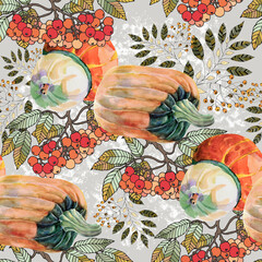 Watercolor seamless pattern with berry, leaves and pumpkin on gray background.