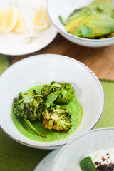 Roasted broccoli with pea puree