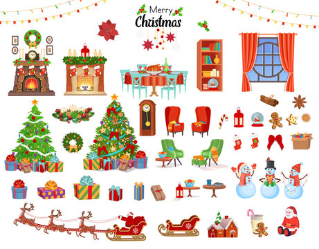Christmas set with fireplace, chairs, Christmas tree, holiday table with food, gifts, garlands.Vector  cartoon illustration.