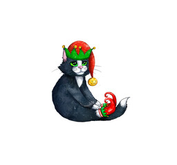 A Christmas black cat is sitting in an elf costume isolated on a white background. New Year's kitten. Digital illustration