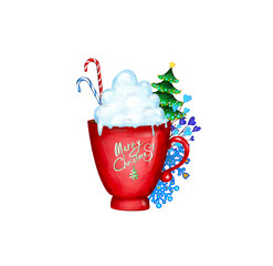A red coffee mug with cream, sweets and twigs isolated on a white background. Christmas card. New Year's tea. Hot drink. Digital illustration