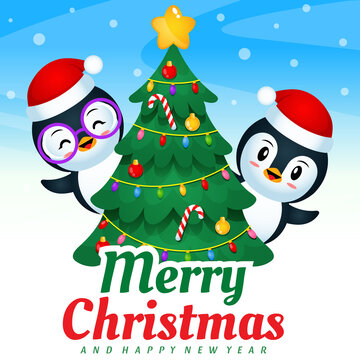 Cute Penguins Celebrating Christmas And New Year