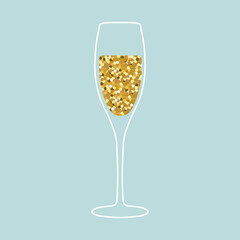 Illustration of champagne glass with of realistic golden glitter dust isolated on blue background. Perfect for holiday card or elegant party invitation.