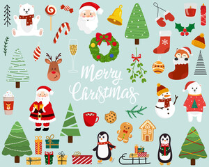 Fototapeta na wymiar Set of Christmas elements. Vector illustration Christmas concept on blue background. Perfect for Christmas and New Year cards.