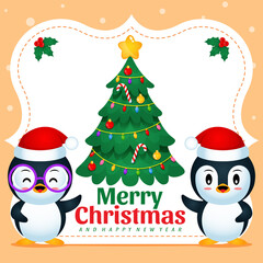 Cute Penguins Presenting Christmas With Banner