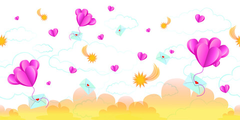 Bright cute seamless pattern for Valentine's day. Delicate shades. Set of hearts, love letters, clouds, stars and comets