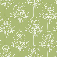 Vector seamless pattern with Flowers white line on sage green hand painted background.Summer,floral,botanical print in doodle style.Design for textiles,fabric,wrapping paper,packaging,wallpaper.