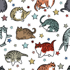 Cute seamless pattern of cats. Body positive for people and animals. Favorite pet. Striped grey and red cats