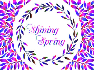 Vector frames. Deciduous plant elements. Borders for decoration of holidays, weddings, birthdays, parties. Bright pink, orange, lilac twigs with leaves. Round frames