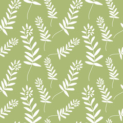 Fototapeta na wymiar Vector seamless pattern with Flowers white line on sage green hand painted background.Summer,floral,botanical print in doodle style.Design for textiles,fabric,wrapping paper,packaging,wallpaper.