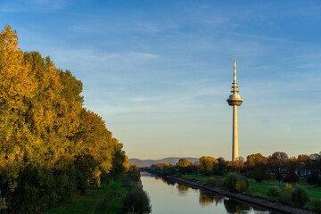 The river Neckar and the telecommunication tower in Mannheim in Germany. - obrazy, fototapety, plakaty