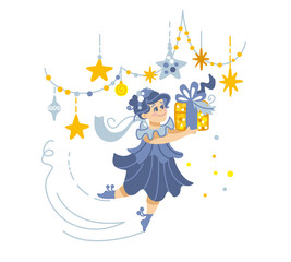Christmas illustration. Little girl rejoices at her christmas present. Vector.