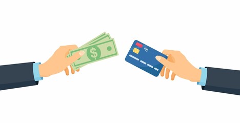 Human hands holding credit or debit card and money bills. Financial operations, investments, transactions and cash turnover. Cash and non-cash payment. Vector design