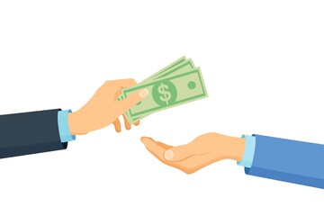 Businessman hand holds money bills. Pay for something. Charity, donation concept. Vector design