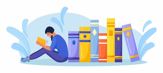 Girl sitting near pile of books and reading book. Online library, bookstores, e-book. Internet education. Vector design