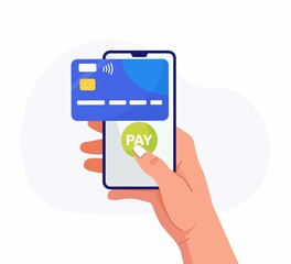 Pay by credit card via electronic wallet on phone. Mobile banking app, contactless payment. Hand holds smartphone with virtual bank card. Shopping by phone and connected credit card, digital money. 