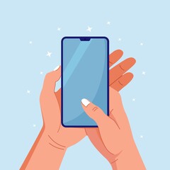 Human hands holding phone with blank screen. Man arm is touching smartphone display. Vector design