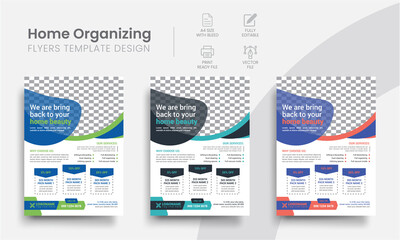 Creative Home organizing flyer concept templates. Modern room organize agency business digital marketing new colorful flyers layout.