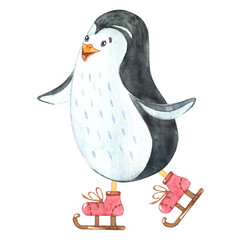 Watercolor skating penguin