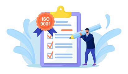 ISO 9001 quality management system, international certification. Businessman confirm, certify quality product in accordance with ISO 9001, standard quality control. Document standardization industry. 