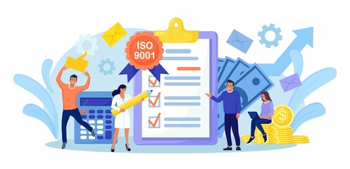 ISO 9001 quality management system and international certification. Tiny business people passed standard quality control. Document standardization industry. Vector design