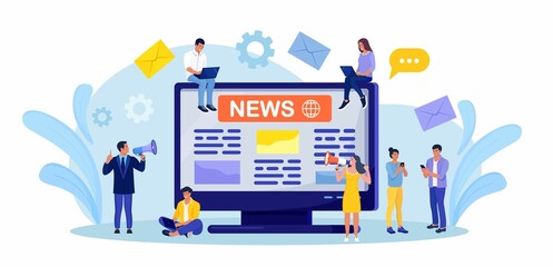 Newspaper or news paper on computer screen. People reading world news magazine on digital device. Online media business concept. Man and woman announces news by megaphone. Vector design