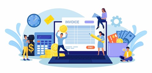 Online Tax Payment. People Filling Application for Tax Form. Tiny Characters with Laptop Calculating Payment or Finance Report. Electronic Payment of Invoice, Digital Receipt, Online Banking. Vector 