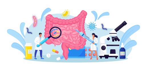 Tiny doctors examining gastrointestinal tract, bowel, digestive system. Intestinal inflammation, Enteritis, Colitis, Dysbacteriosis. Intestine health. Gut microorganisms and friendly flora. Vector 