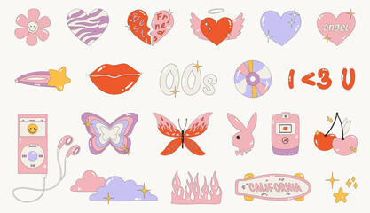 Collection on the theme of the 00s. Set of icons - hearts, butterflies, flame, badges and stickers. Glamorous vector illustration Y2k. Nostalgia for the 2000 years. Vector isolated illustrations. - obrazy, fototapety, plakaty