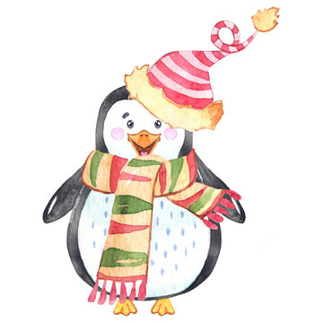 Watercolor penguin in santa hat