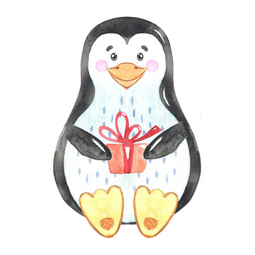 Watercolor penguin with gift