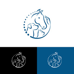 Horse, Dog and Cat symbols in a round logo in line art style vector illustration. Veterinary logo with cat, horse and dog heads in abstract simple lines - 465775811