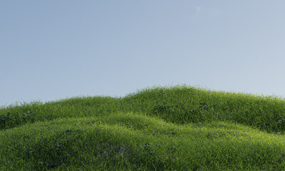 Photorealistic grass hill on a blue sky, 3d rendering - obrazy, fototapety, plakaty