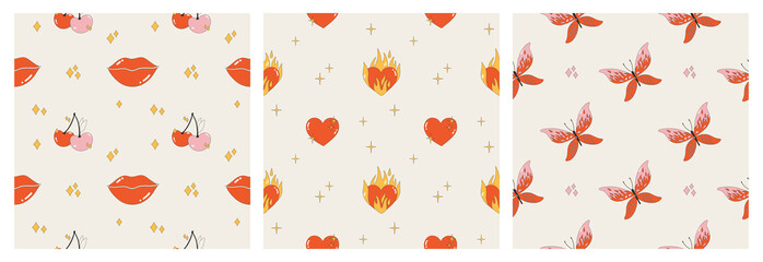 Set of seamless patterns in the style of the 2000s. Posters with butterflies, hearts on fire, lips and cherry. Bright vector illustrations of Y2k-style patterns. Wrapping paper for Valentine's Day