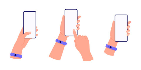 Set of templates with hand that hold a mobile phone. Collection of hands with finger on smartphone. Flat cartoon vector illustration isolated on white background.